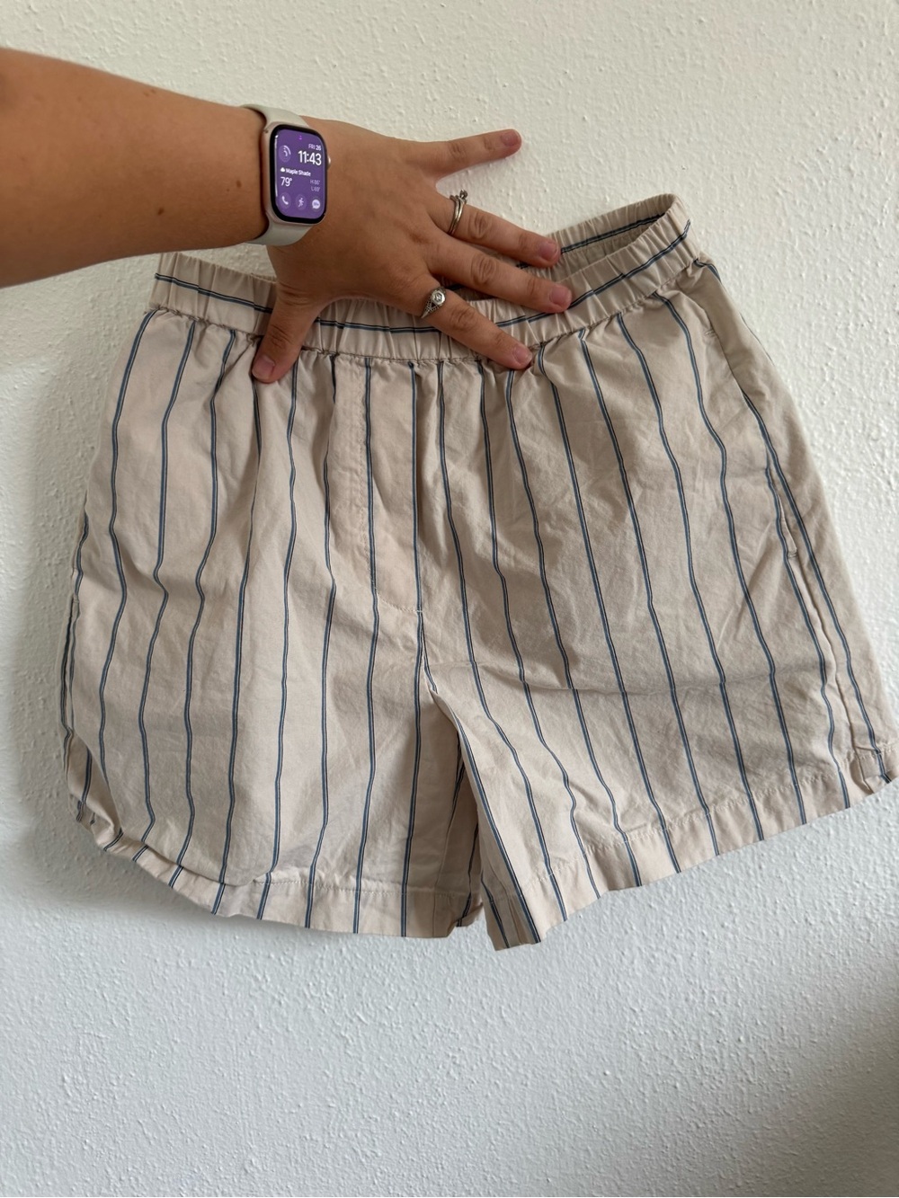 Wilfred Free Striped Elastic Waist Cotton Shorts - Beige with Blue Stripes